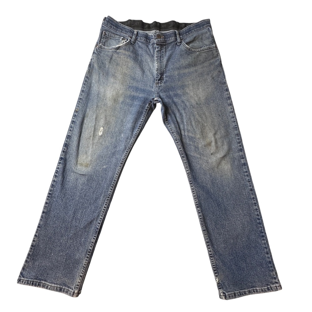 Wrangler Jeans Mens 36x29 Blue Regular Fit 96CFW Straight Leg Stretch Distressed